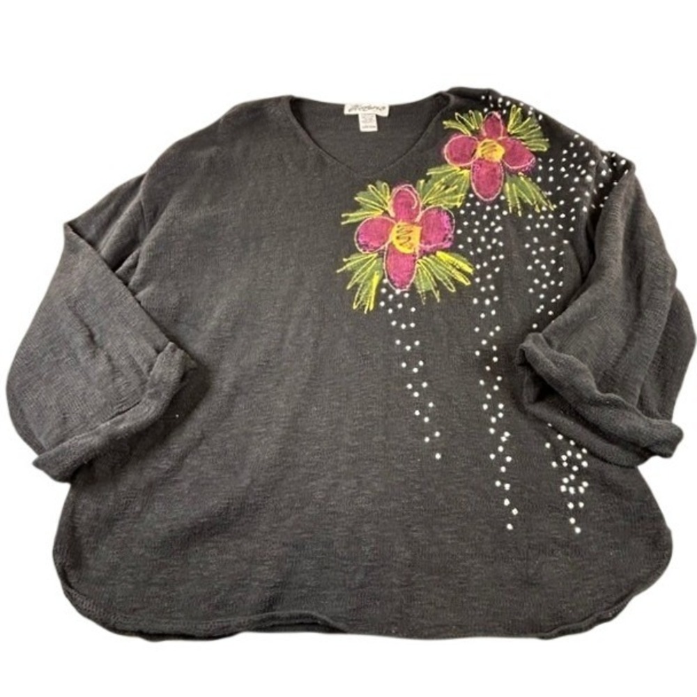 Vtg Victoria Black Painted Floral V-Neck 3/4 Sleeve Sweater One Size Cotton XL